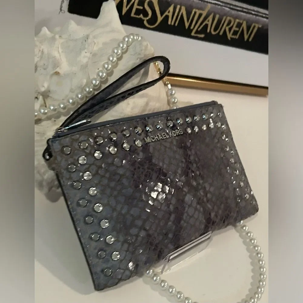 Michael Kors Blue Snakeskin Studded Leather Wristlet Clutch Wallet